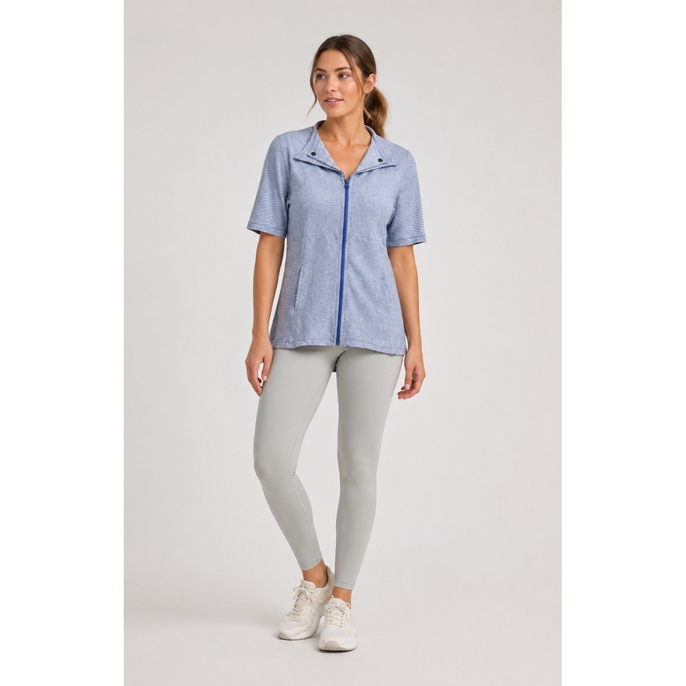 lur. Full Zip Tunic Jacket Womens Medium Blue White Stripe Pockets Button Detail